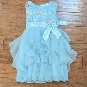 American Princess Light Blue Ruffled Sequin Flower Girls Dress with Bow